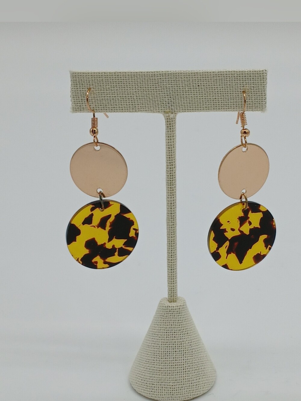 NWT Gold and Tortoiseshell Double Disc Drop Rose Gold Statement Dangle Earrings - Picture 4 of 6